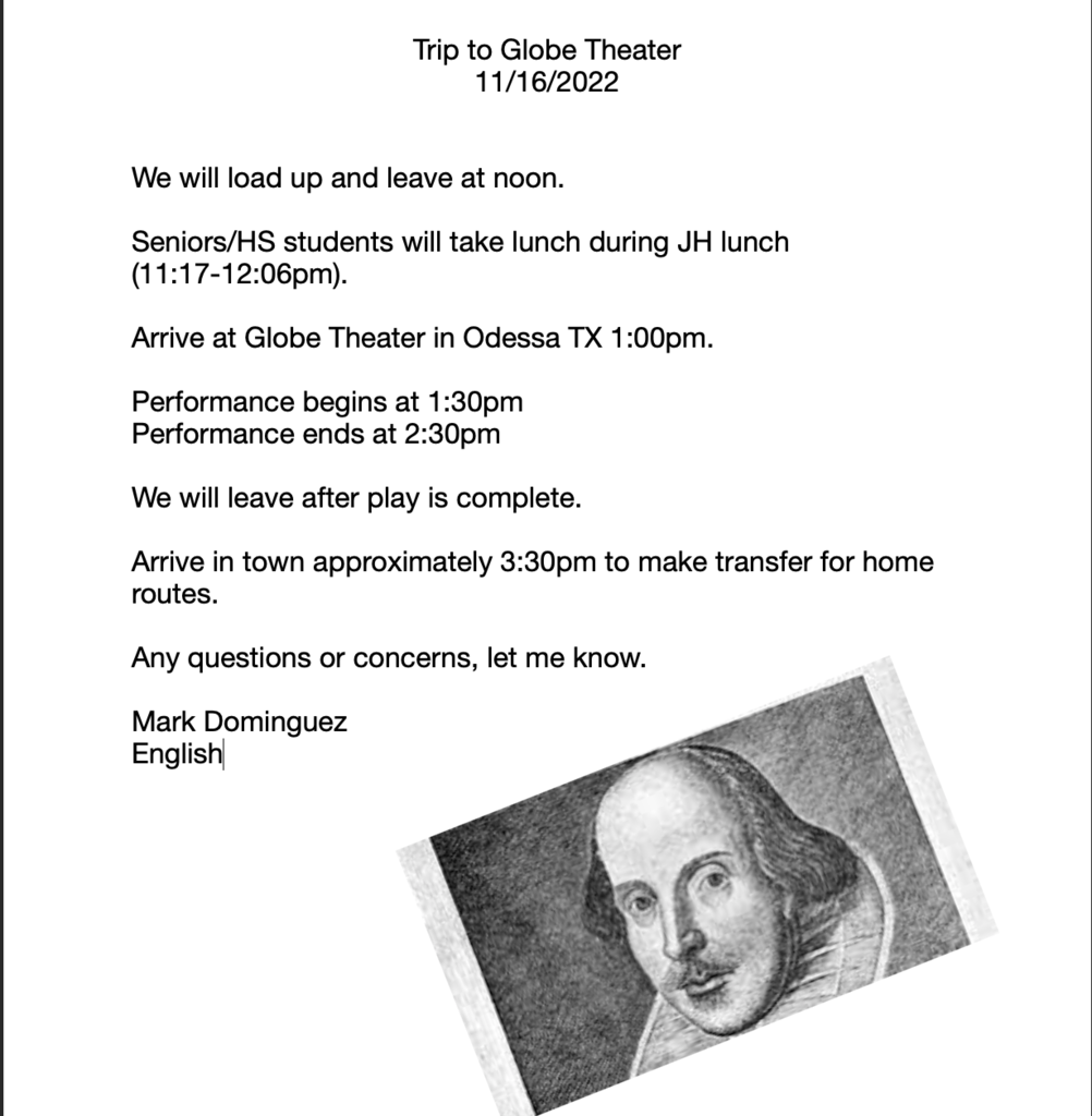Plans for Shakespeare Globe Field Trip (11.16, 11.18)